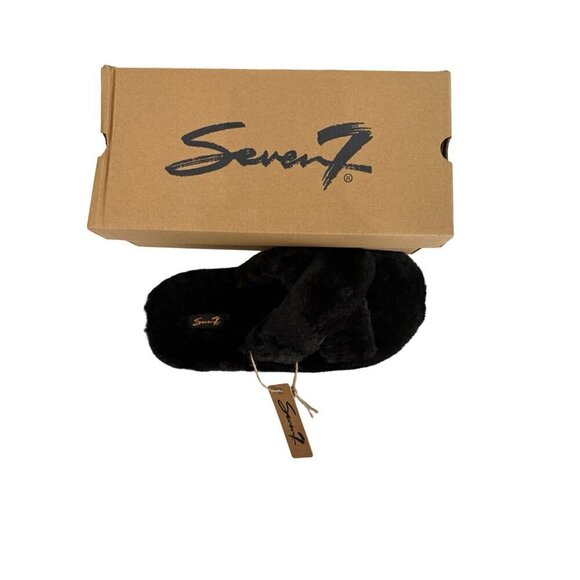 Seven7 Slippers Black Faux Fur Slides Size 10 Memory Foam NIB - Picture 9 of 9